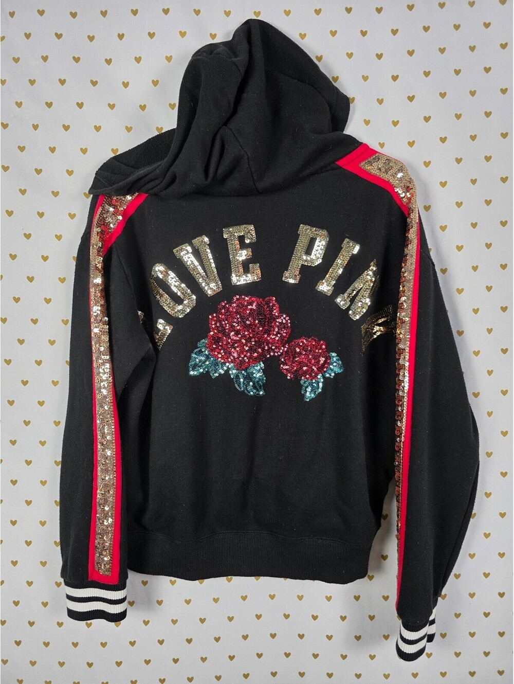 Victorias Secret Pink BLING Rose Sequin Pullover hoodie sweater Gold Medium